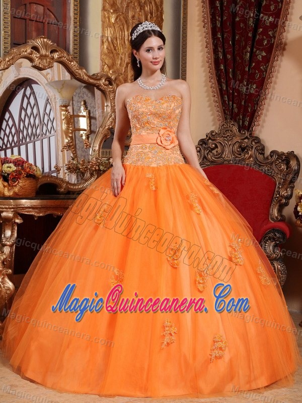 Orange Sweetheart Quinceanera Gown with Appliques and Flower 2013