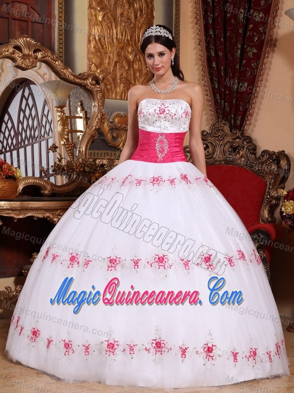 Hog Pink Embroidery and Sash Accent White Quinceanera Gown 2013