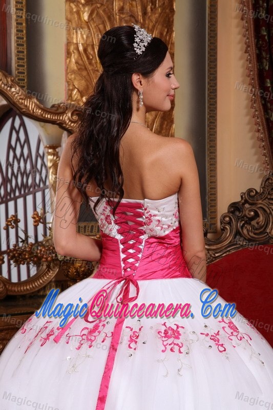 Hog Pink Embroidery and Sash Accent White Quinceanera Gown 2013