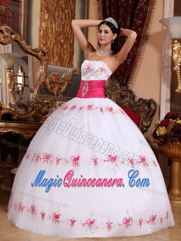 Hog Pink Embroidery and Sash Accent White Quinceanera Gown 2013