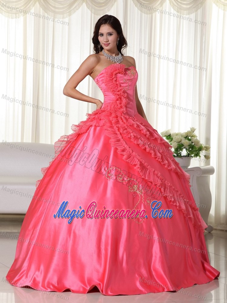 Coral Red Ball Gown Quinceanera Gown with Flouncing and Appliques
