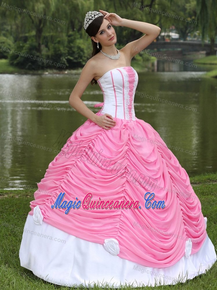 Pick ups Appliques Strapless Quinceanera Gown in White and Rose Pink
