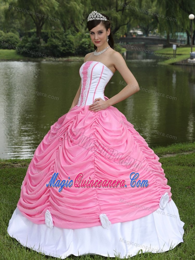 Pick ups Appliques Strapless Quinceanera Gown in White and Rose Pink