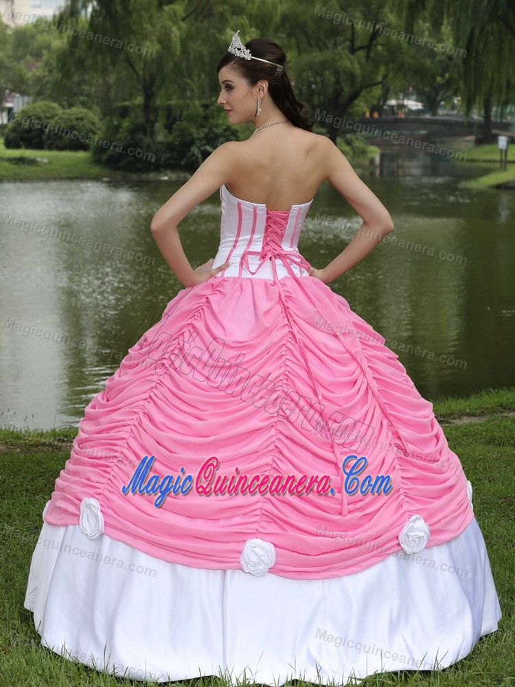 Pick ups Appliques Strapless Quinceanera Gown in White and Rose Pink