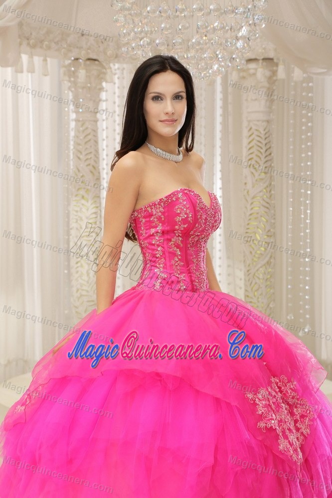 Appliqued Hot Pink Floor Length Quinceanera Dresses of Sweetheart