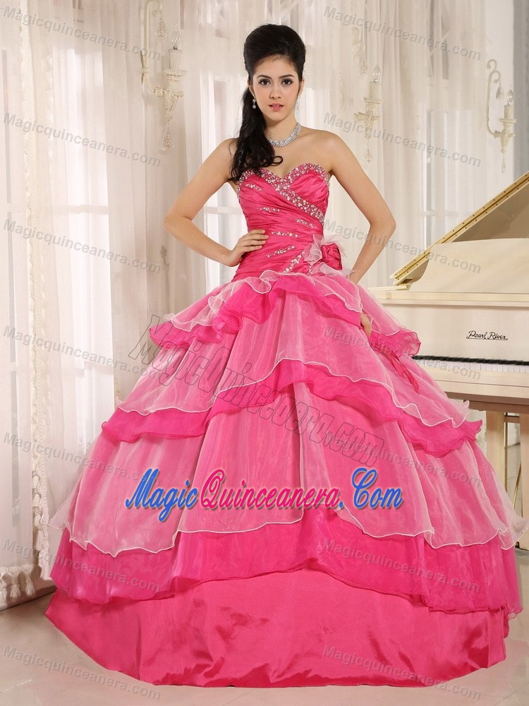 Beaded and Ruched Hot Pink Quinceanera Dresses with Ruffled Layers