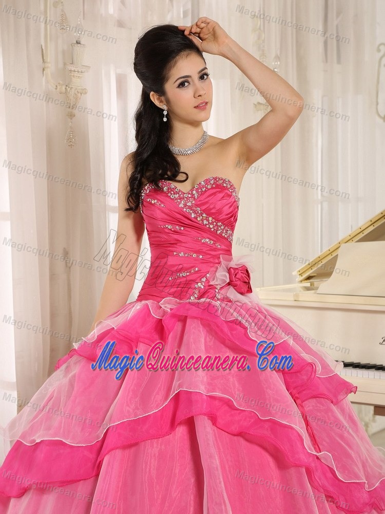 Beaded and Ruched Hot Pink Quinceanera Dresses with Ruffled Layers
