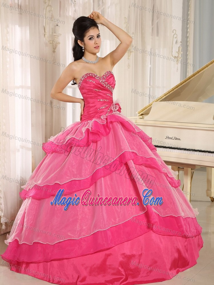 Beaded and Ruched Hot Pink Quinceanera Dresses with Ruffled Layers