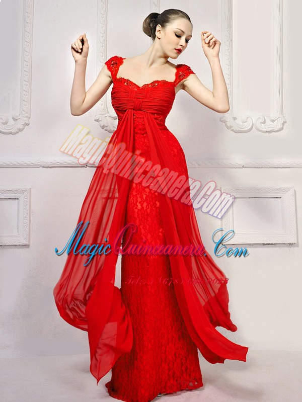 triumph Eye-catching With Train Lace Up Homecoming Dress Red for Prom and Party with Beading and Lace and Sashes ribbons Brush Train