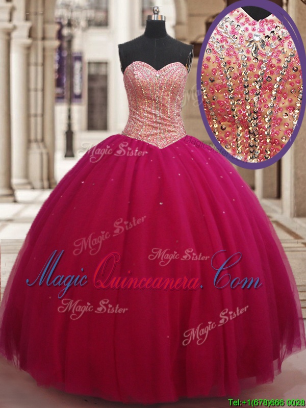 triumph Discount Fuchsia Ball Gowns Sweetheart Sleeveless Tulle Floor Length Lace Up Beading Quinceanera Dress