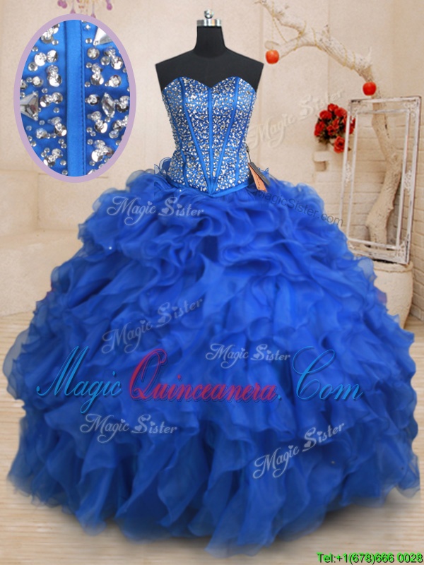 triumph Hot Sale Sleeveless Organza Floor Length Lace Up 15 Quinceanera Dress in Royal Blue for with Beading and Ruffles
