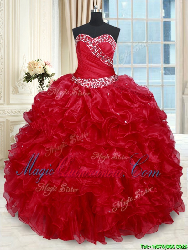 triumph Customized Red Organza Lace Up Sweetheart Sleeveless Floor Length Ball Gown Prom Dress Beading and Ruffles