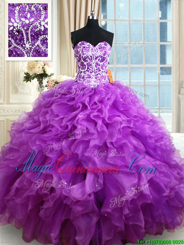 triumph Top Selling Eggplant Purple Sleeveless Beading and Ruffles Floor Length 15th Birthday Dress