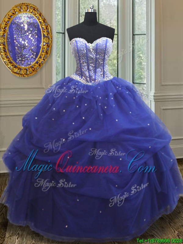 triumph Sleeveless Tulle Floor Length Lace Up Sweet 16 Dress in Blue for with Beading and Sequins
