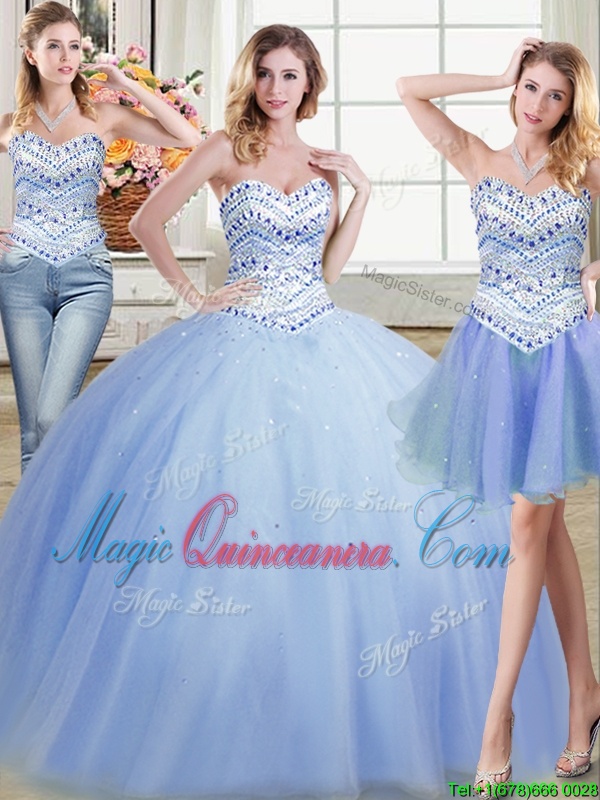 triumph Fashion Three Piece Light Blue Sleeveless Floor Length Beading Lace Up Quince Ball Gowns