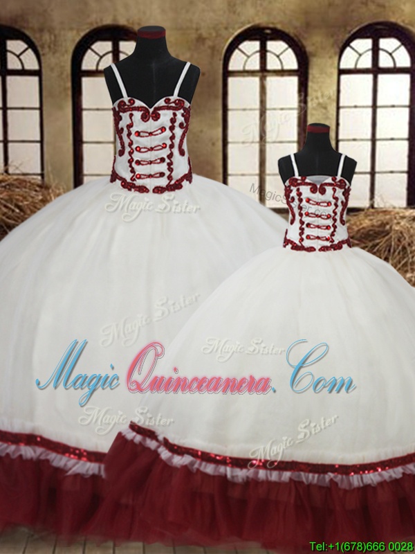 triumph Lovely Ball Gowns 15th Birthday Dress White and Wine Red Straps Satin and Organza Sleeveless Floor Length Lace Up