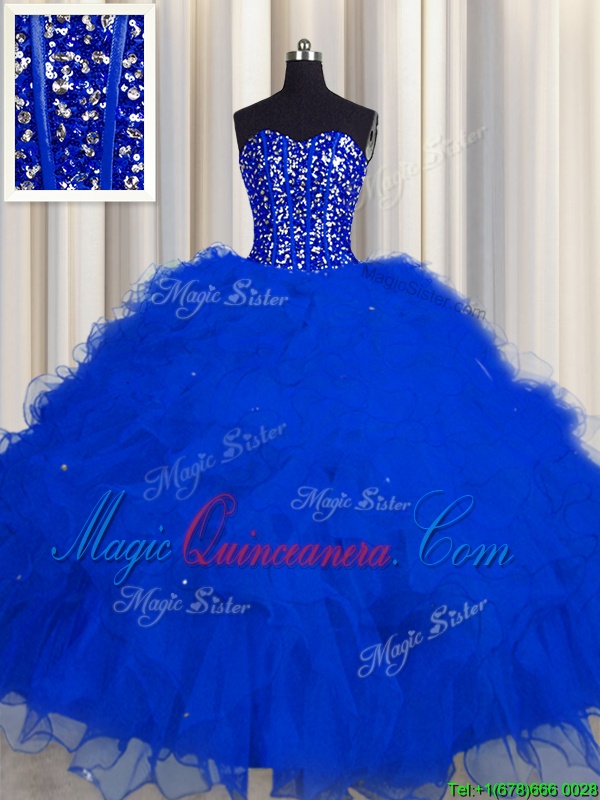 triumph Extravagant Visible Boning Royal Blue Sleeveless Tulle Lace Up 15th Birthday Dress for Military Ball and Quinceanera