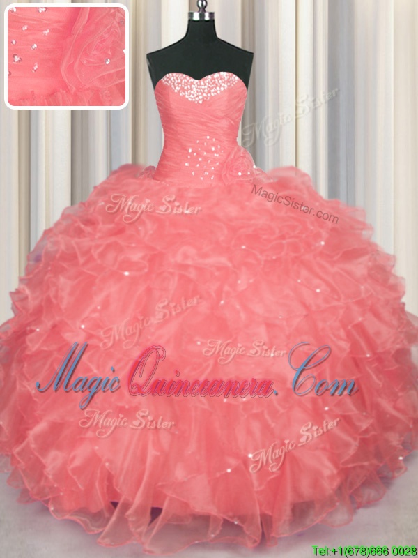 triumph Enchanting Watermelon Red Sleeveless Beading and Ruffles Floor Length Sweet 16 Dresses