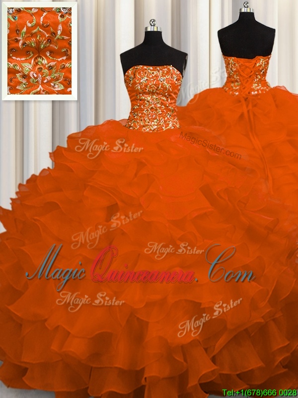 triumph Top Selling Rust Red Sleeveless Organza Sweep Train Lace Up Sweet 16 Quinceanera Dress for Military Ball and Sweet 16 and Quinceanera