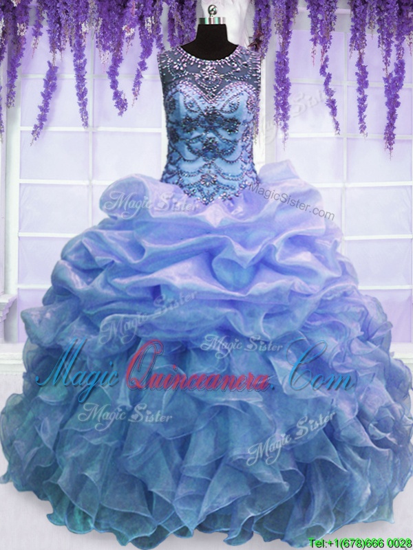 triumph Smart Scoop Sleeveless Floor Length Beading and Ruffles Lace Up Sweet 16 Dresses with Blue