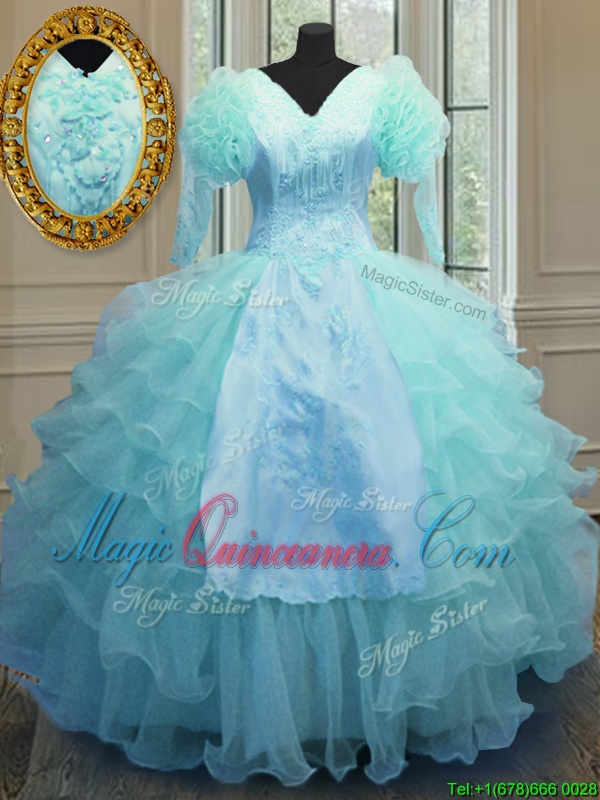 triumph Superior V-neck Long Sleeves Organza Quince Ball Gowns Embroidery and Ruffled Layers Zipper