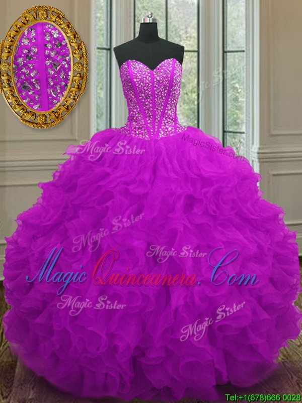 triumph Cheap Purple Ball Gowns Organza Sweetheart Sleeveless Beading and Ruffles Floor Length Lace Up Quinceanera Gown