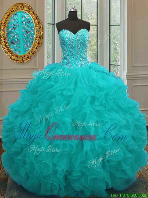 triumph Aqua Blue Ball Gowns Organza Sweetheart Sleeveless Beading and Ruffles Floor Length Lace Up Sweet 16 Quinceanera Dress
