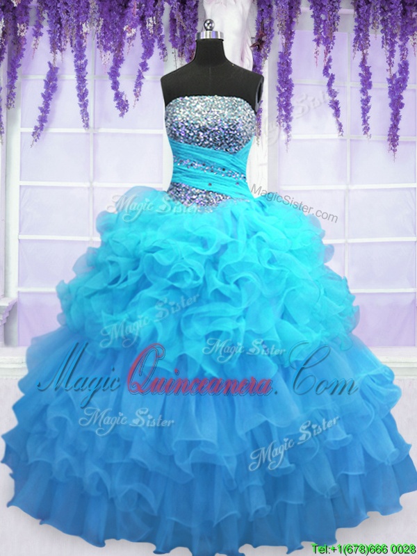 triumph Aqua Blue Lace Up Quinceanera Dress Beading and Ruffled Layers and Pick Ups Sleeveless Floor Length