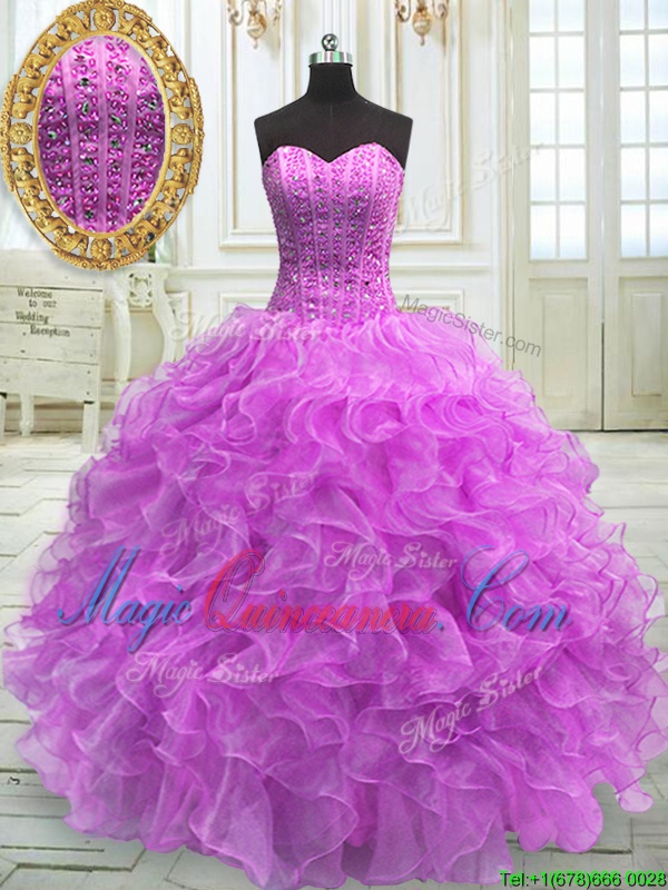 triumph Organza Sweetheart Sleeveless Lace Up Beading and Ruffles Sweet 16 Quinceanera Dress in Lilac