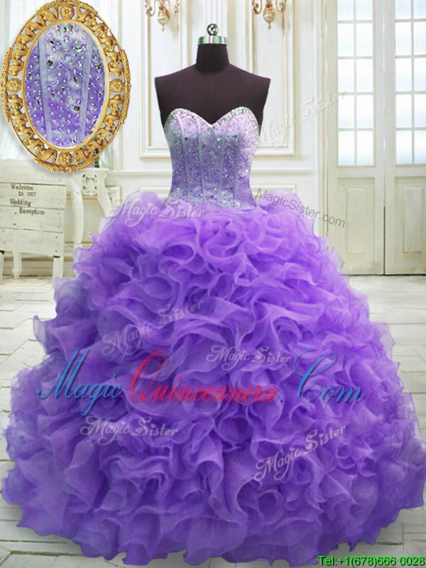 triumph Purple Sleeveless Organza Sweep Train Lace Up Quinceanera Gowns for Military Ball and Sweet 16 and Quinceanera