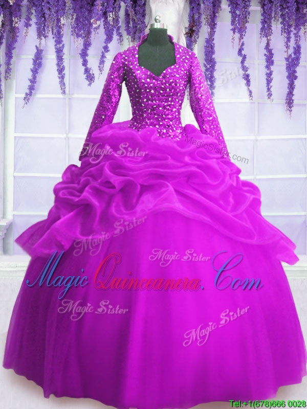triumph Glorious Purple Long Sleeves Floor Length Sequins and Pick Ups Zipper Quinceanera Dresses