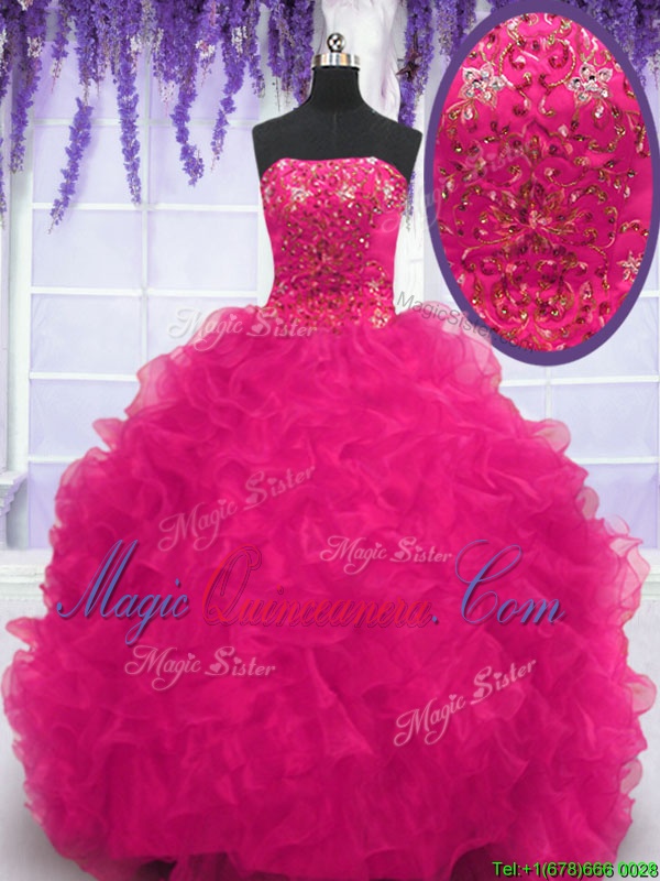 triumph Fuchsia Lace Up Strapless Beading and Ruffles Ball Gown Prom Dress Organza Sleeveless Brush Train