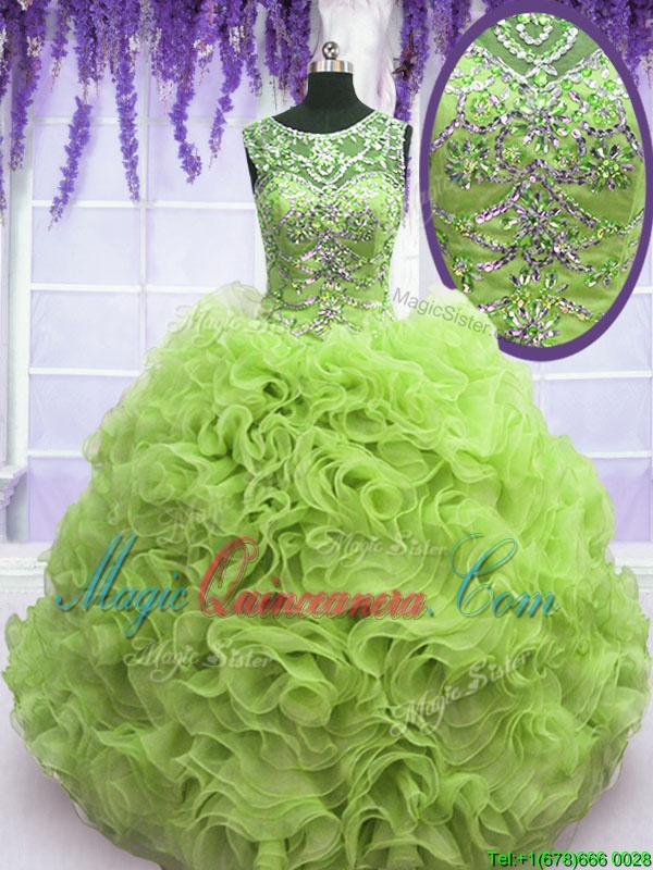 triumph Flirting Scoop Organza Lace Up Quinceanera Dress Sleeveless Floor Length Beading and Ruffles