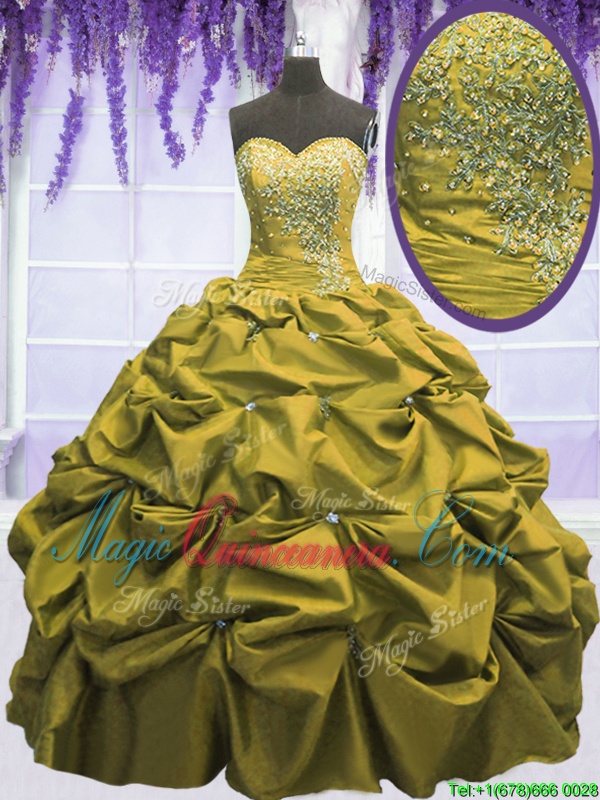 triumph Sleeveless Taffeta Floor Length Lace Up Quinceanera Gown in Olive Green for with Beading and Appliques and Pick Ups