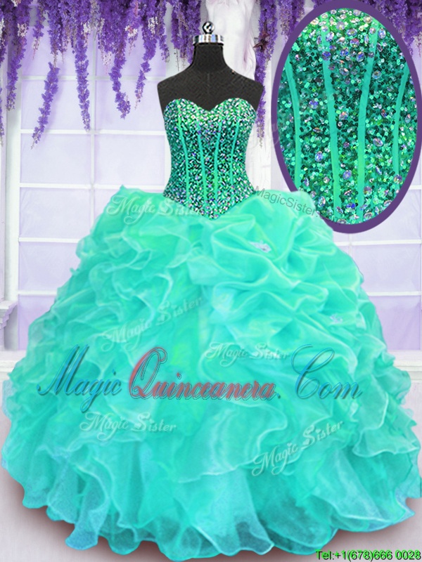 triumph Suitable Turquoise Sweetheart Lace Up Beading and Ruffles Sweet 16 Quinceanera Dress Sleeveless