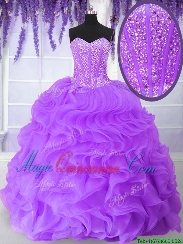 triumph New Style Purple Organza Lace Up Sweet 16 Dress Sleeveless Floor Length Beading and Ruffles