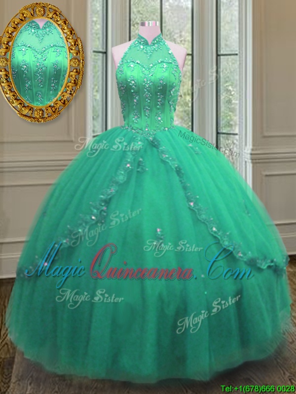 triumph Luxury Turquoise Ball Gowns Beading and Appliques 15 Quinceanera Dress Lace Up Tulle Sleeveless Floor Length