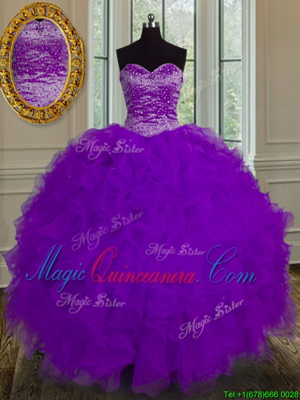 triumph Sweetheart Sleeveless 15th Birthday Dress Floor Length Beading and Ruffles Fuchsia Tulle