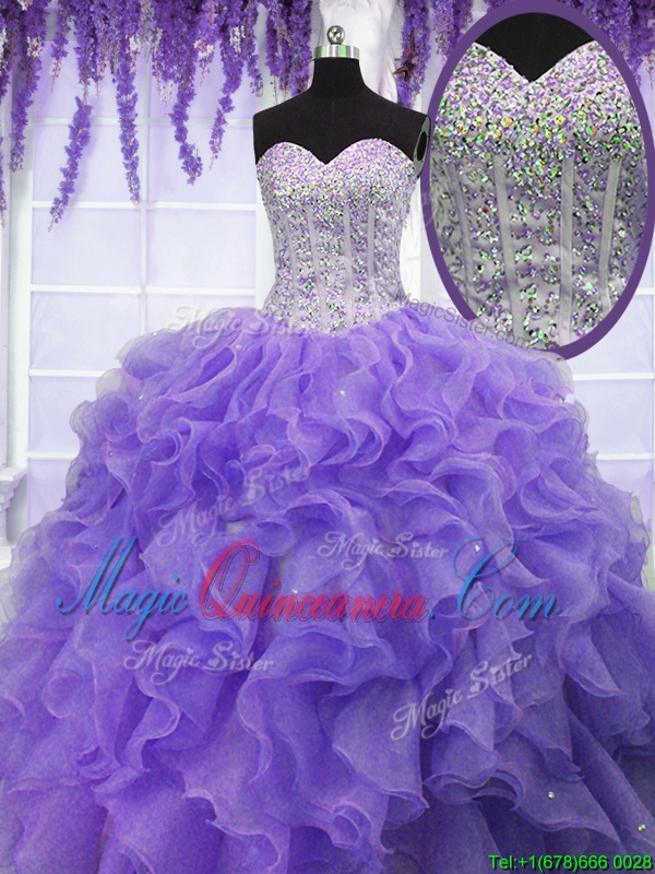 triumph Cute Floor Length Lace Up Quinceanera Gown Lavender and In for Military Ball and Sweet 16 and Quinceanera with Ruffles and Sequins