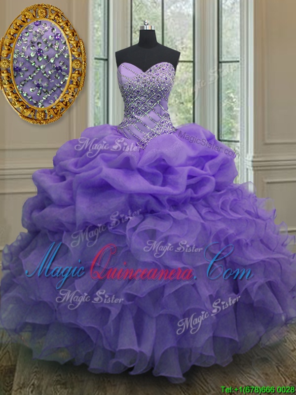 triumph Lavender Organza Lace Up Sweetheart Sleeveless Floor Length Quince Ball Gowns Beading and Ruffles and Pick Ups