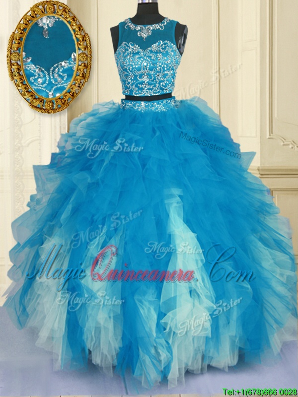 triumph High Quality Scoop Blue And White Zipper Sweet 16 Quinceanera Dress Beading and Ruffles Sleeveless Floor Length