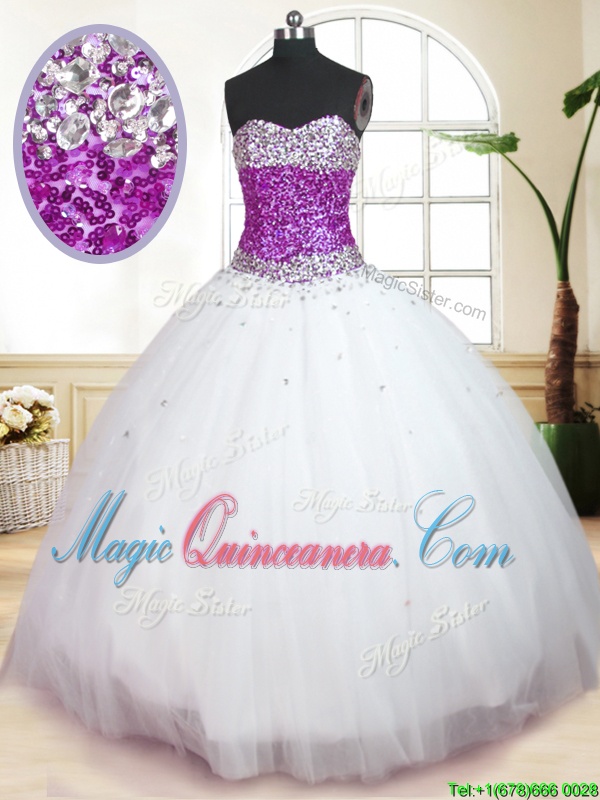 triumph White Ball Gowns Sweetheart Sleeveless Tulle Floor Length Lace Up Beading 15th Birthday Dress