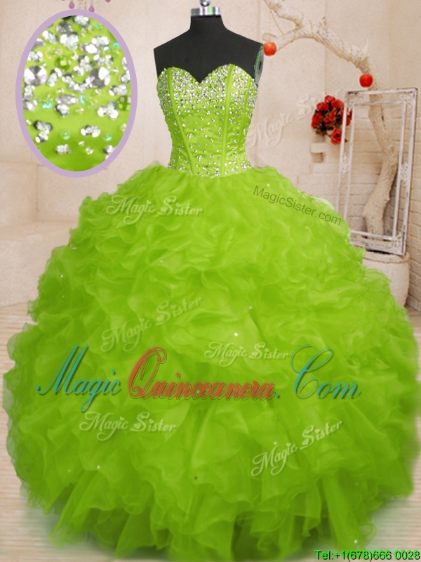 triumph Glamorous Sleeveless Organza Floor Length Lace Up Quinceanera Dress in Yellow Green for with Beading and Ruffles
