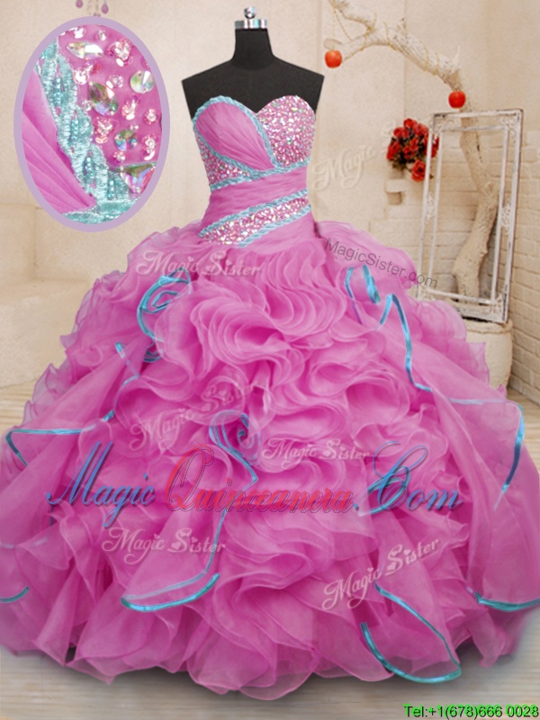 triumph Rose Pink Lace Up Quinceanera Dress Beading and Ruffles Sleeveless With Brush Train