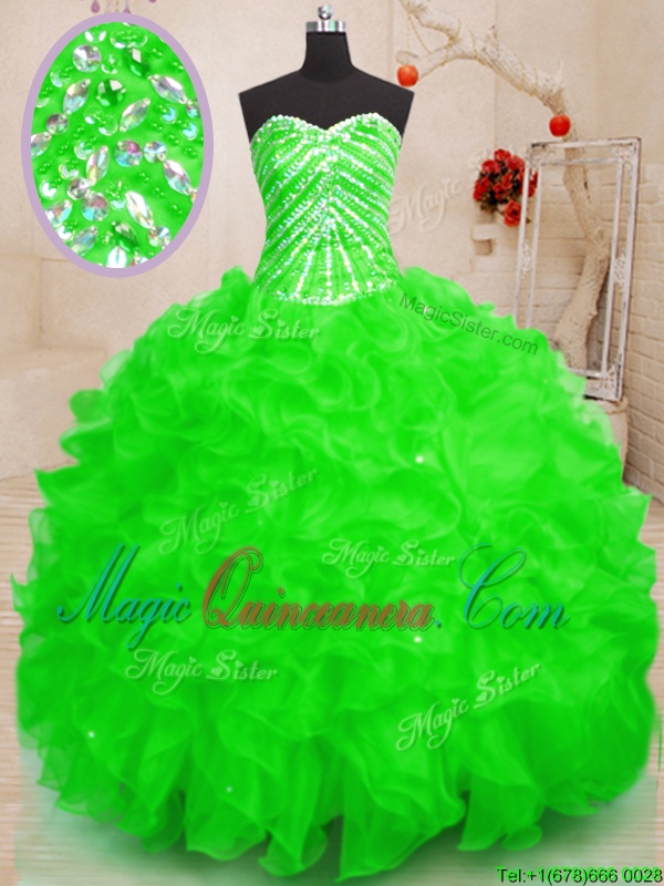 triumph Fine Sleeveless Organza Floor Length Lace Up Quinceanera Gowns in for with Beading and Ruffles and Sequins