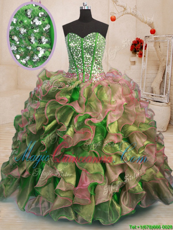 triumph Most Popular Sleeveless Floor Length Beading and Ruffles Lace Up Quinceanera Gown with Multi-color