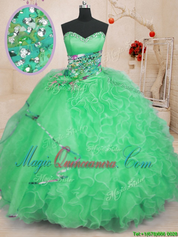 triumph Dazzling Apple Green Ball Gowns Beading and Ruffles Vestidos de Quinceanera Lace Up Organza Sleeveless Floor Length
