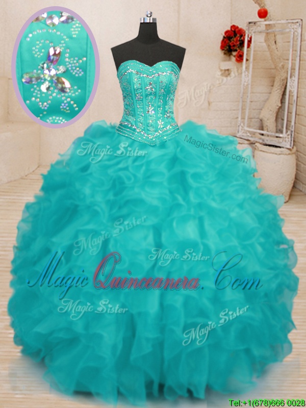 triumph Glorious Beading and Ruffles Sweet 16 Quinceanera Dress Aqua Blue Lace Up Sleeveless Floor Length