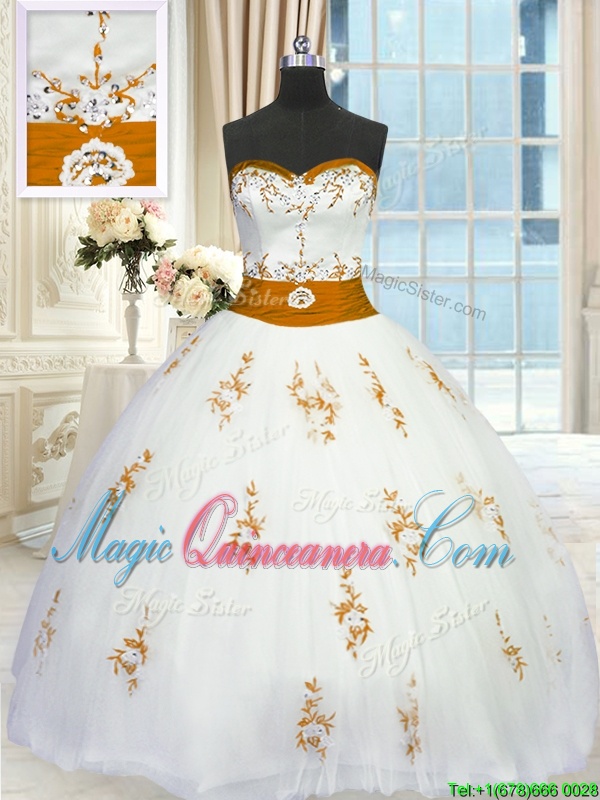 triumph Sleeveless Tulle Floor Length Lace Up Ball Gown Prom Dress in White for with Appliques and Belt
