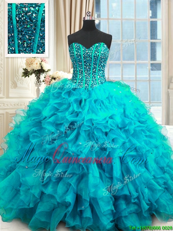 triumph High Class Sequins Floor Length Baby Blue Quinceanera Dresses Sweetheart Sleeveless Lace Up